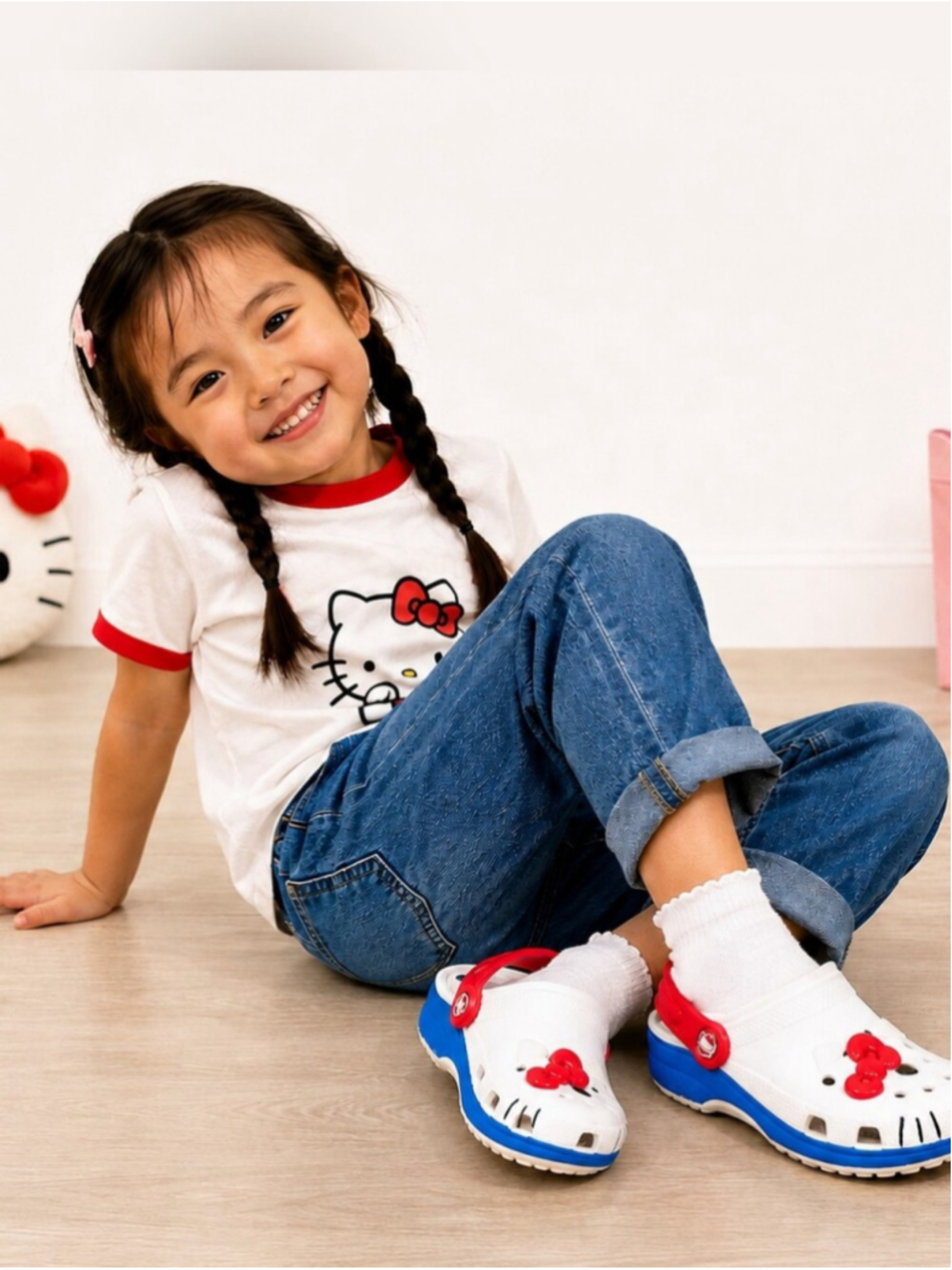 Crocs Hello Kitty Classic Clogs Kids J3 White Red Blue Sanrio Slip On Shoes